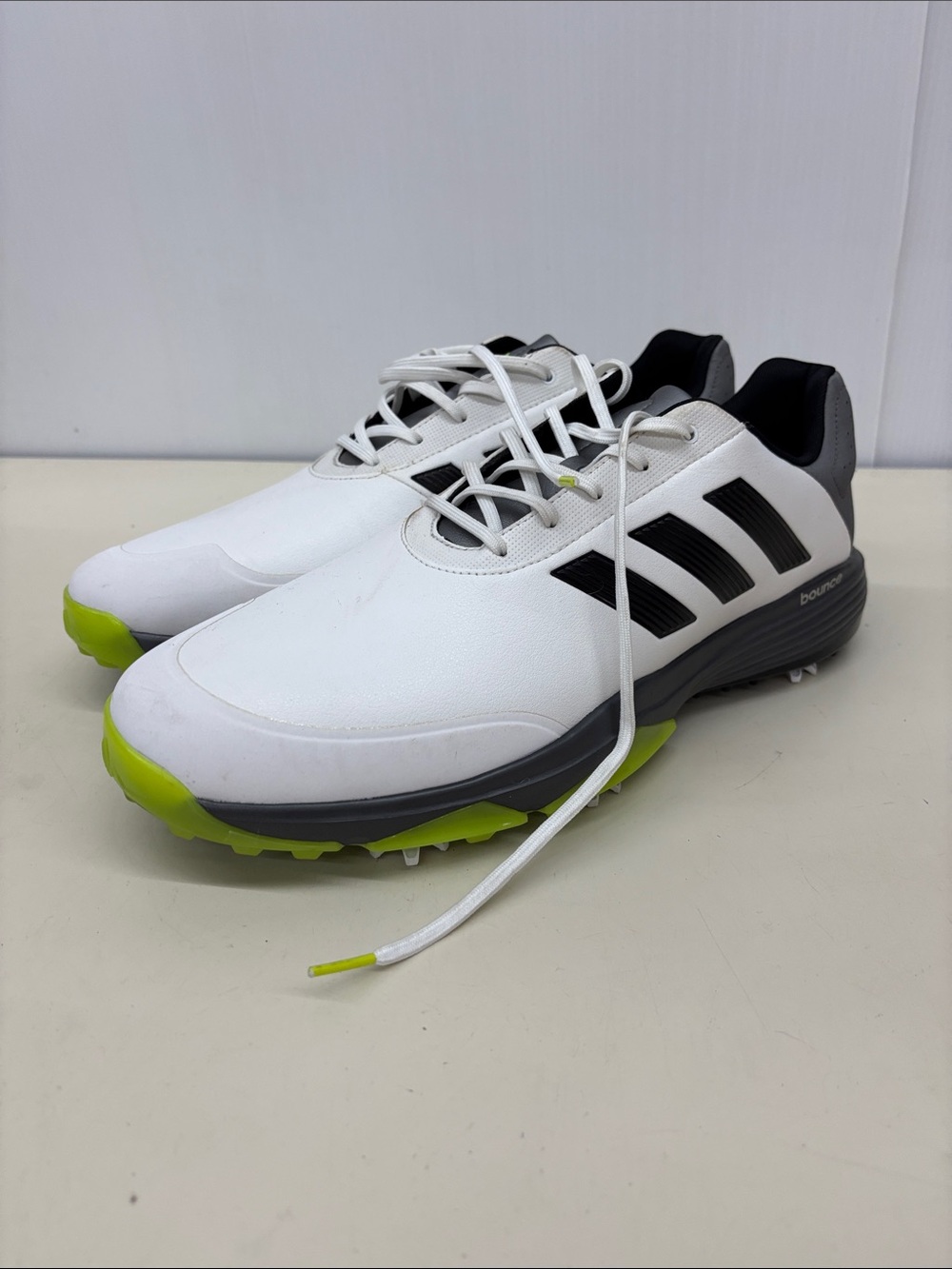 Adipower Adidas White & Black Golf Shoes with Lime Accents